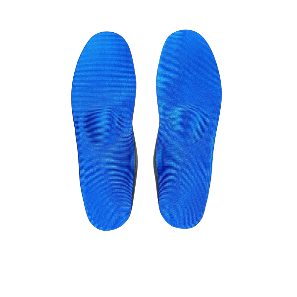 A pair of SOVELLA S3500 Comfort insoles with MET Sport Arch Supports in bright blue, featuring visible contours for foot support and enhanced shock absorption, are displayed side by side on a white background.
