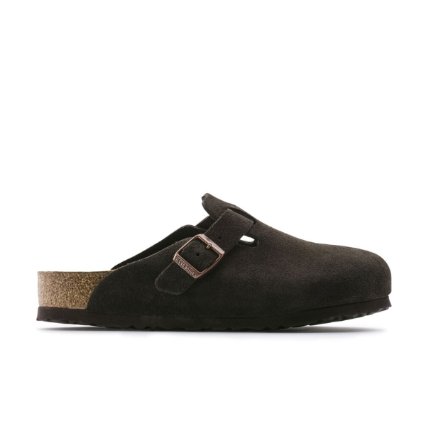 A side view of the BIRKENSTOCK Mens Boston Soft Footbed Mocha clog, featuring dark brown suede, an open heel, adjustable metal-buckle strap, cork soft footbed, and black textured sole.