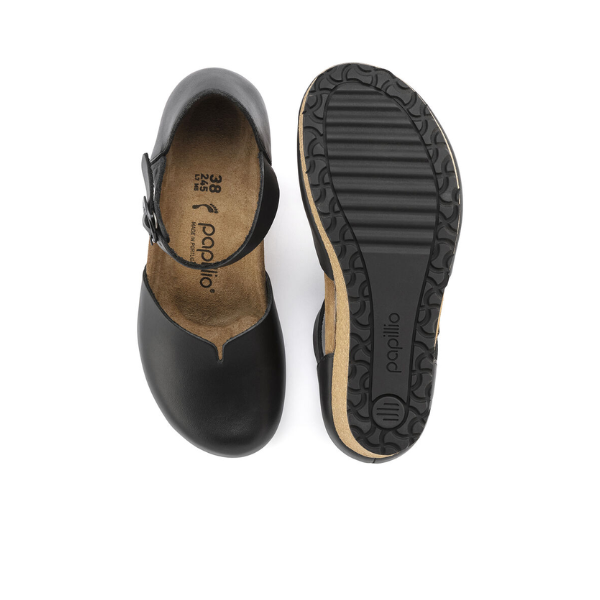 BIRKENSTOCK Womens Mary Leather Black shoes—one shows the top with a buckle strap, the other highlights the textured rubber sole with Papillio branding, offering stylish comfort and foot pain relief.