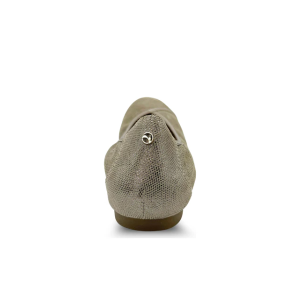 Rear view of the Revere Womens Nairobi Beige/Champagne flat shoe by REVERE, featuring a taupe textured finish and metallic logo near the heel—stylish ballet flats designed for comfort and relief from foot pain.