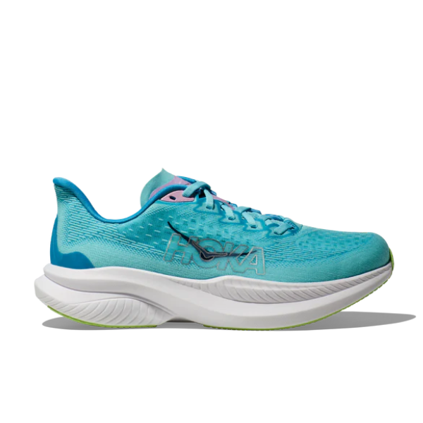 The HOKA Womens Mach 6 (Medium Width) Teal is a teal running shoe with a white curved sole and light green accents, designed by HOKA for everyday runs and enhanced comfort, shown from the side on a plain white background.