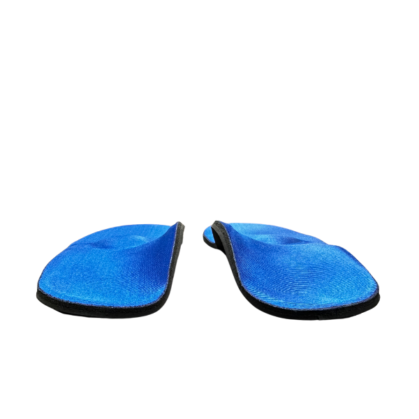 A pair of Sovella S3500 Comfort with MET Sport Arch Supports insoles by SOVELLA, featuring blue surfaces and black edges for shock absorption, are displayed side by side on a white background.