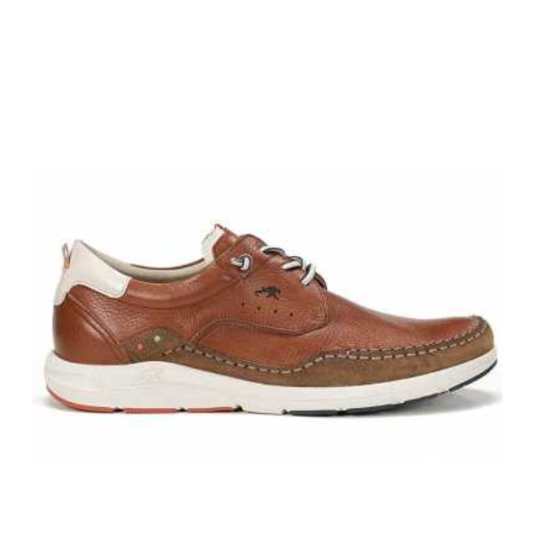 The Fluchos Mens Kai Lace-Up F1986 Brown by FLUCHOS is a brown leather casual shoe with white and beige accents, white laces, a white rubber sole, decorative stitching, and a small logo—ideal for comfort and foot pain relief.