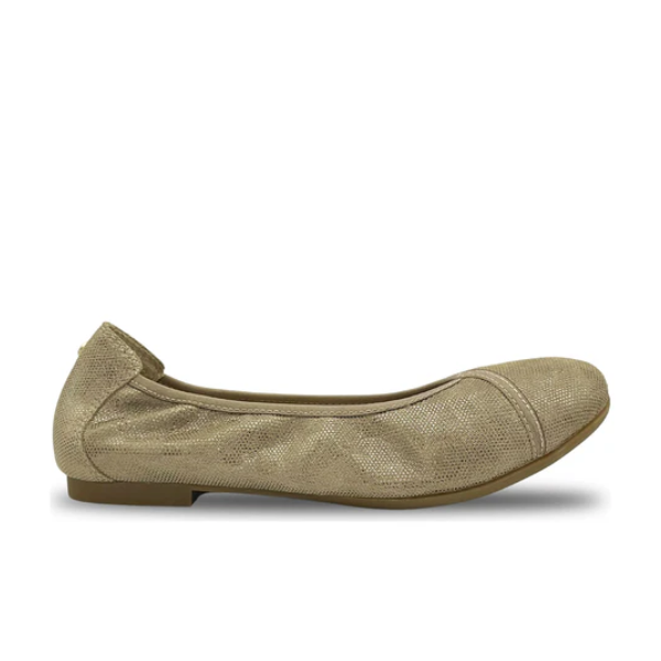The REVERE Revere Womens Nairobi Beige/Champagne is a gold textured ballet flat with a rounded toe, low heel, and gentle arch support, shown in side profile on a white background.