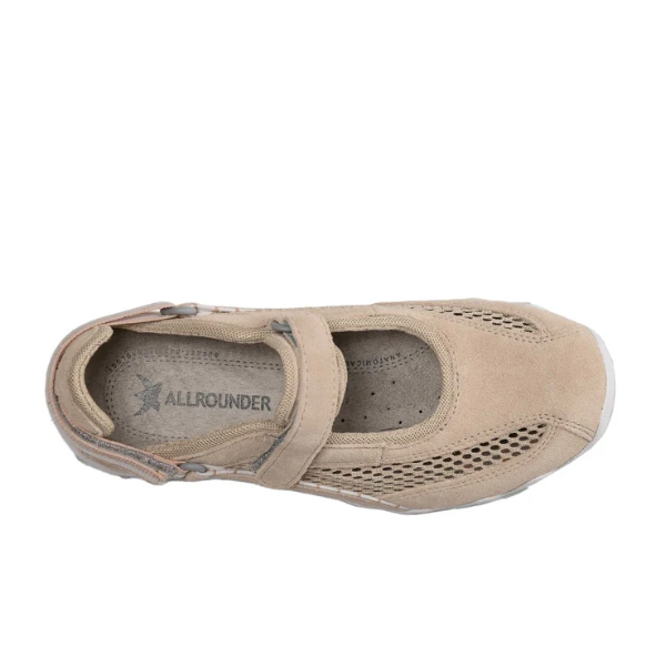 Top view of the ALLROUNDER Womens Niro in Taupe/Suede—Mary Jane-style shoe with mesh panels, Velcro strap, and branded insole for stylish comfort and support.