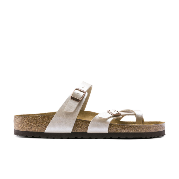 A single BIRKENSTOCK Womens Mayari Birko-Flor Graceful White Pearl sandal with a contoured footbed, cork sole, and two pearly white straps—each with an adjustable buckle—plus a black textured outsole.