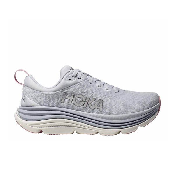 The HOKA Womens Gaviota 5 Wide Grey running shoes feature a light gray mesh upper, thick cushioned sole with Stabilizing H-Frame tech, lace-up design, low-cut ankle, heel pull tab, and HOKA branding on the side.
