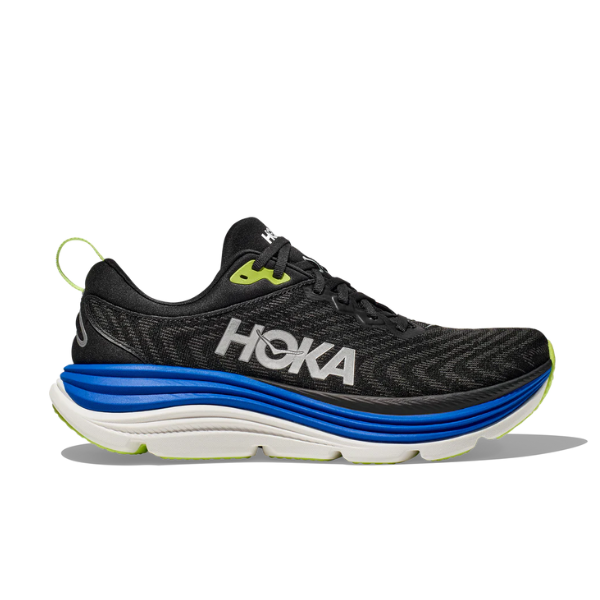 The HOKA Mens Gaviota 5 Medium Black/Blue running shoe features a black upper, white and blue cushioned sole, green accents on the heel and sole, a white HOKA logo on the side, and MetaRocker technology for smooth transitions.