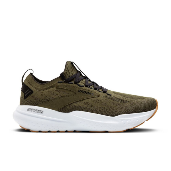 The BROOKS Mens Glycerin Stealth Fit 21 Green is an olive green running shoe with a breathable mesh upper, thick cushioned sole for plantar fasciitis support, black laces, and bold BROOKS branding on the side and heel tab.