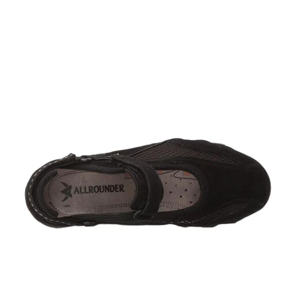 Top view of the ALLROUNDER Womens Niro Black Mary Jane-style athletic shoe, featuring a Velcro strap, mesh upper, SHOCK ABSORBER technology, and a gray insole printed with ALLROUNDER—designed for lasting foot comfort.