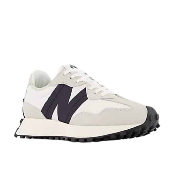 The New Balance Womens 327 White/Black sneaker features a white and light gray design with a bold black N logo, white laces, and a thick sole with black treads—perfect retro-inspired sneakers for everyday wear.