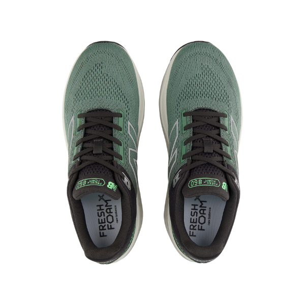 A pair of New Balance Mens Fresh Foam 860v14 Wide running shoes in green/grey with black laces and soles, mesh uppers, and Stability Plane support are shown side by side from above on a white background. Fresh Foam is printed on the insoles.
