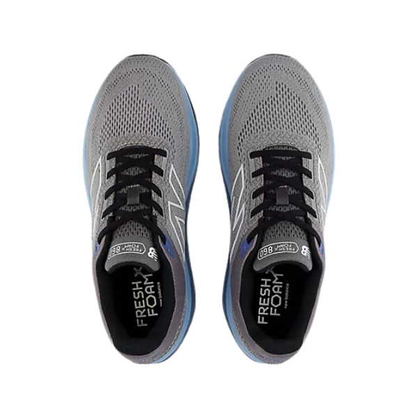 A pair of NEW BALANCE Mens Fresh Foam 860v14 Wide running shoes in Grey/Blue, featuring black laces, blue soles, FRESH FOAM X insoles, and a mesh upper with Stability Plane for breathability and support.