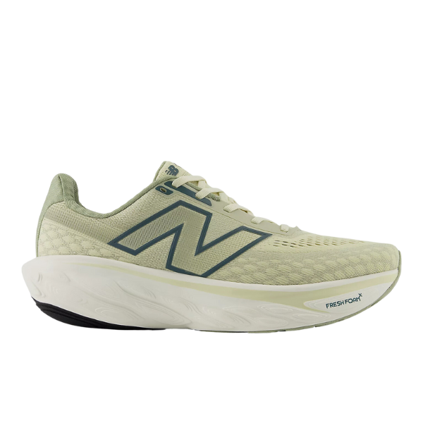 The New Balance Mens Fresh Foam X 1080v14 Wide Moss features a light green mesh upper, cushioned white sole, black accents, large N logo, and Fresh Foam X branding for comfort and breathability.