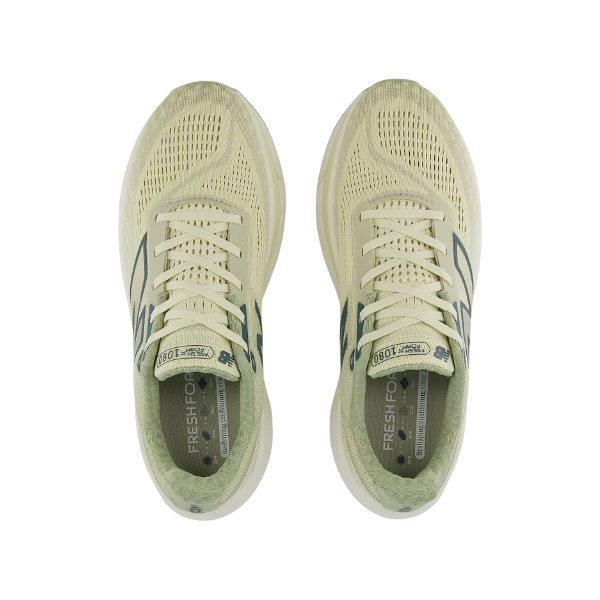 A top view of the New Balance Mens Fresh Foam X 1080v14 Wide Moss running shoes, featuring light green mesh uppers, dark green accents, and Fresh Foam X branding on the insoles, shown against a white background.