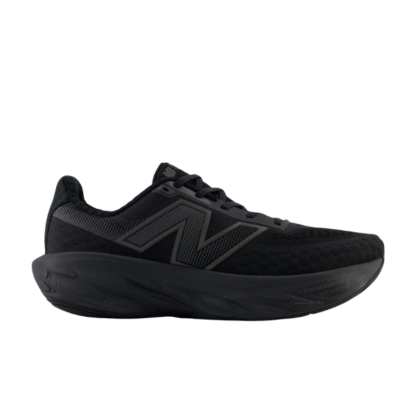 The New Balance Mens Fresh Foam X 1080v14 Wide Black running shoe features a mesh upper, thick cushioned sole for plantar fasciitis support, and a bold N logo, shown in a side profile on a white background.
