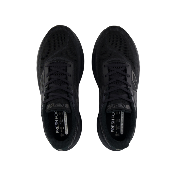 The NEW BALANCE Mens Fresh Foam X 1080v14 Wide Black running shoes are shown from above, side by side on a white background. Mesh uppers, black laces, and Fresh Foam X insoles offer comfort—great for those with plantar fasciitis concerns.