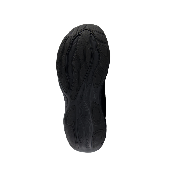 The New Balance Mens Fresh Foam X 1080v14 Wide Black features an intricate, wavy black sole viewed from below against a white background—ideal for added comfort in a running shoe designed to help with plantar fasciitis.