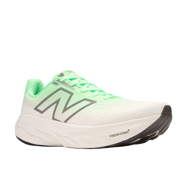 The NEW BALANCE Mens Fresh Foam X 1080v14 Wide in green and white features a large gray N logo, cushioned Fresh Foam X sole, and black outsole, shown on a white background.