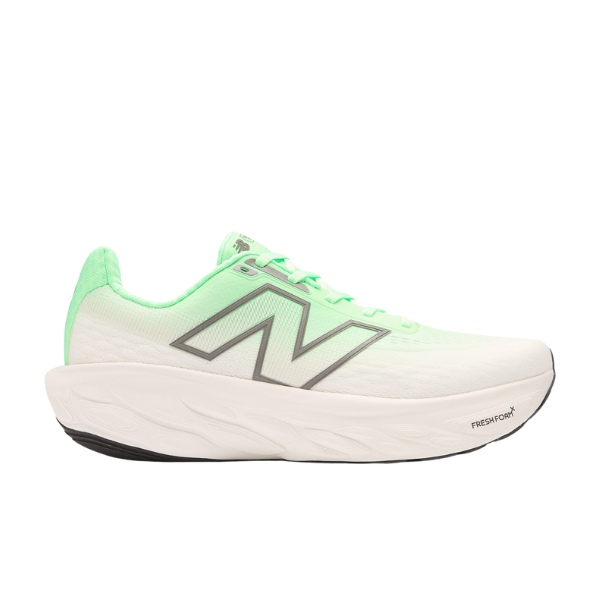 The New Balance Mens Fresh Foam X 1080v14 Wide in Green/White features a lightweight mesh upper, thick cushioned Fresh Foam X sole for comfort, and a large gray signature N logo.