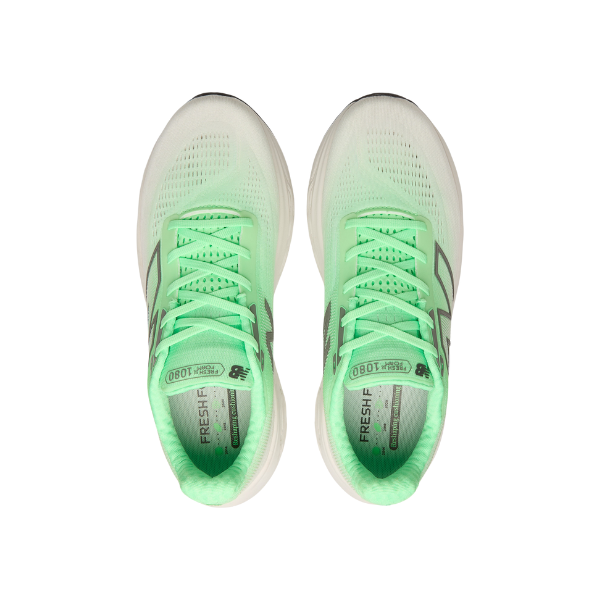 A pair of NEW BALANCE Mens Fresh Foam X 1080v14 Wide running shoes in green/white, seen from above, with black accents, white midsoles, and Fresh Foam X branding on the insoles.