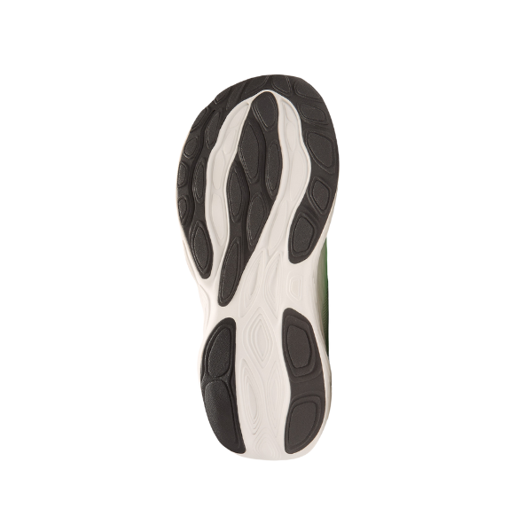 The image shows the sole of the NEW BALANCE Mens Fresh Foam X 1080v14 Wide Green/White running shoe, featuring a black and white wavy tread pattern with oval and curved shapes, photographed against a plain white background.