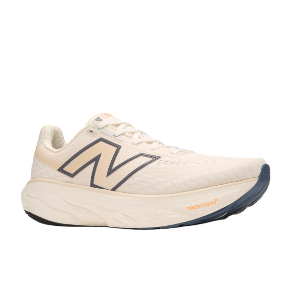The New Balance Mens Fresh Foam X 1080v14 Wide Sea Salt is a cream running shoe with a large gray N logo, cushioned Fresh Foam X midsole with Fresh Foam in orange text, and a dark outsole.