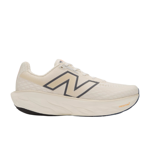 The New Balance Mens Fresh Foam X 1080v14 Wide Sea Salt running shoe features Fresh Foam X cushioning, a thick white sole, a black N logo on the side, and black accents on the outsole at the heel and toe.