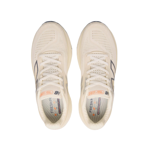 Top view of the New Balance Men’s Fresh Foam X 1080v14 Wide in Sea Salt, featuring laces, mesh uppers, signature side logos, and insoles with Fresh Foam X branding in orange and gray.