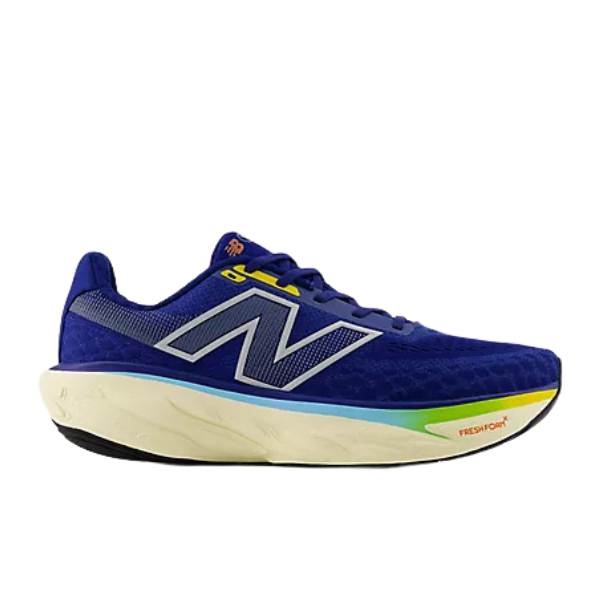 The New Balance Mens Fresh Foam X 1080v14 Blue features a white sole, silver N logo, yellow and green toe accents, plus Fresh Foam midsole—perfect from NEW BALANCE for reducing foot pain on every run.