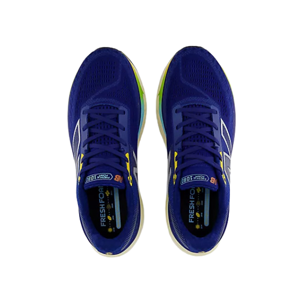 Top view of New Balance Mens Fresh Foam X 1080v14 Blue running shoes with white/yellow accents, black laces, mesh uppers, and “FRESH FOAM” on the insoles; side by side on a white background. Ideal for reducing foot pain during runs.