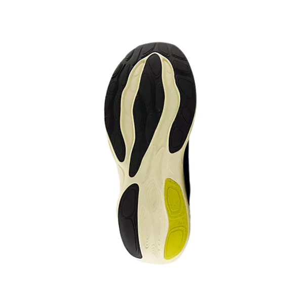 The outsole of the NEW BALANCE Mens Fresh Foam X 1080v14 Blue features a wavy black, white, and yellow rubber pattern inspired by the Fresh Foam X 1080, shown against a white background.