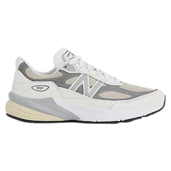 White and gray sneaker with New Balance logo on a white background