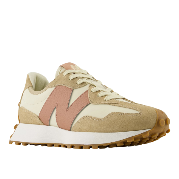 The New Balance Womens 327 Brown/White sneaker features beige and cream suede and mesh, a pink N logo, white laces, white midsole, and a brown textured rubber sole for a retro-inspired look.