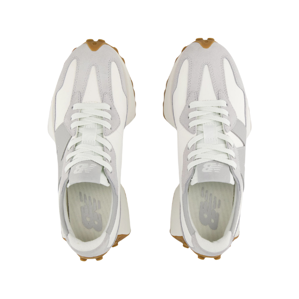 Top view of NEW BALANCE Womens 327 Grey/White running shoes with white laces and tan soles, displayed side by side on a white background—designed for comfort and foot pain relief.
