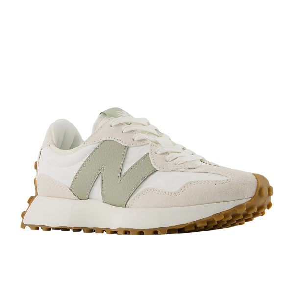 The New Balance Womens 327 White/Olive sneaker features retro-inspired beige and white suede and mesh panels, a light green N logo, white laces, and a textured gum rubber sole.