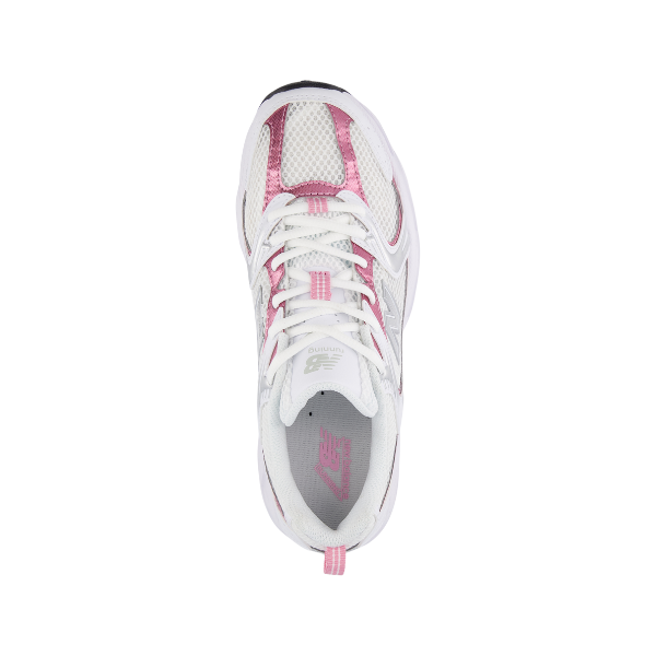 The New Balance Unisex 530 White/Pink features a white mesh upper with pink and silver accents, white laces, and classic styling. Inspired by the iconic NEW BALANCE 530, it combines comfort and style for everyday wear.