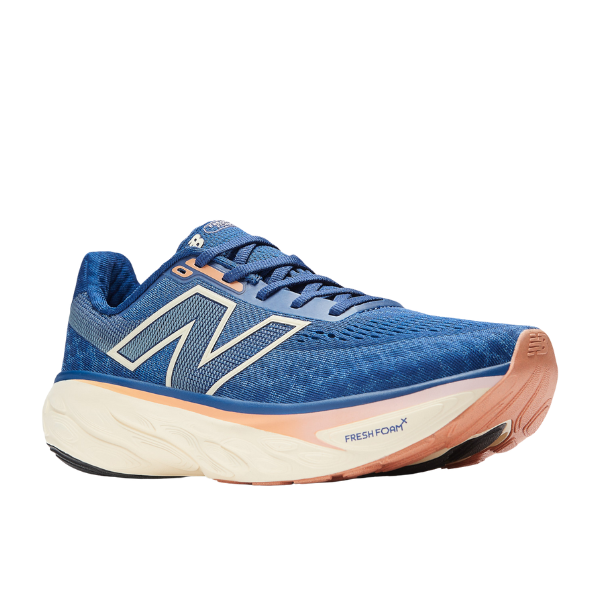 The New Balance Womens Fresh Foam X 1080v14 Blue running shoe features a white N logo, white laces, and a thick white-peach gradient sole for foot pain relief, shown from a side angle on a white background.