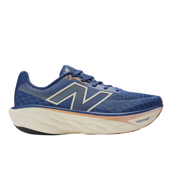 The NEW BALANCE Womens Fresh Foam X 1080v14 Blue running shoe features a breathable mesh upper, large white “N” logo, and a cushioned white and beige sole designed for foot pain relief, shown from the side on a white background.