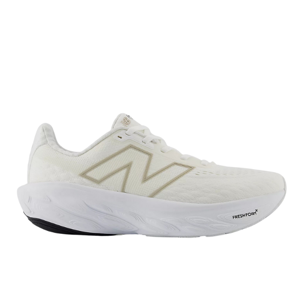 The New Balance Womens Fresh Foam X 1080v14 Wide in White/Gold features a large light gray N logo and a sculpted, thick sole with Fresh Foam X cushioning for outstanding comfort.