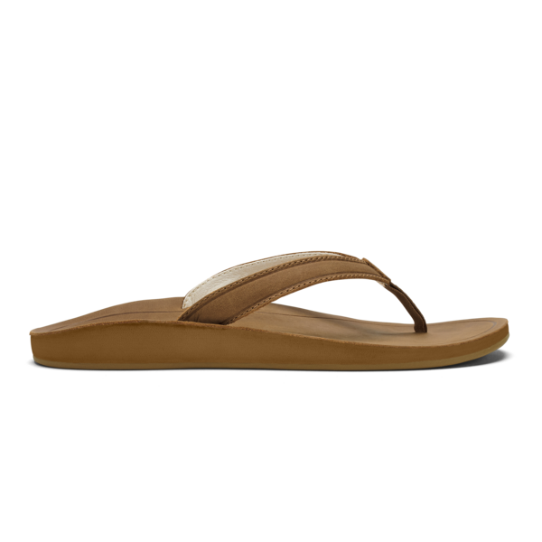 A single OLUKAI Womens Southshore Toffee flip-flop with a fabric thong strap, Wet Grip Rubber® outsole, and contoured sole is shown in profile against a white background.