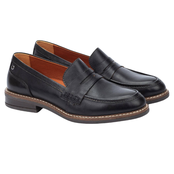 The PIKOLINOS Aldaya Black womens loafers feature black leather, a brown lining, low heels, and visible stitching—designed for comfort and ideal for foot pain and all-day wear.