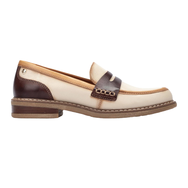 The PIKOLINOS Womens Aldaya Cream loafer features beige and brown supple calfskin leather, decorative stitching, a dark brown strap across the top, and a low heel, shown from the side.