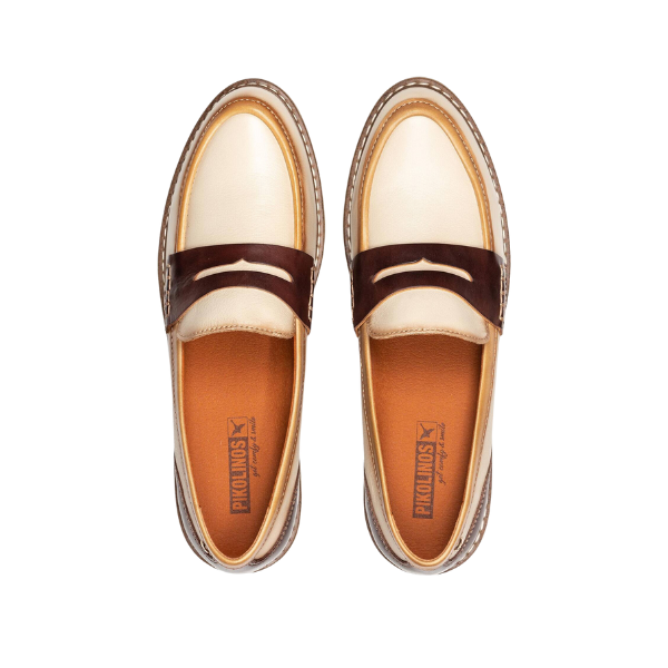 PIKOLINOS Womens Aldaya Cream loafers in cream and brown calfskin leather with tan soles, designed for extra comfort, shown from above on a white background.