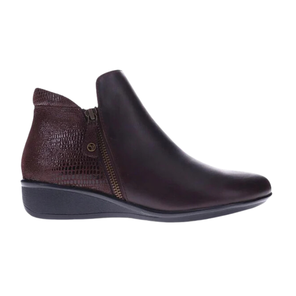 The REVERE Revere Womens Damascus Bootie Wide Espresso, a dark brown leather bootie with a low wedge heel, textured back panel, and side zipper, offers excellent arch support for plantar fasciitis. Photographed on a white background.