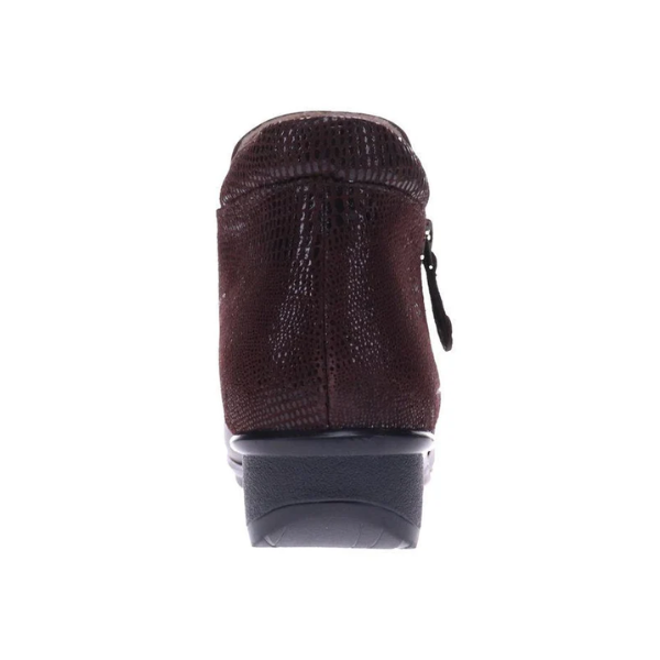 Rear view of the REVERE Womens Damascus Bootie Wide in Espresso, featuring a brown textured leather, low black wedge heel, visible side zipper pull, and enhanced arch support against a plain white background.