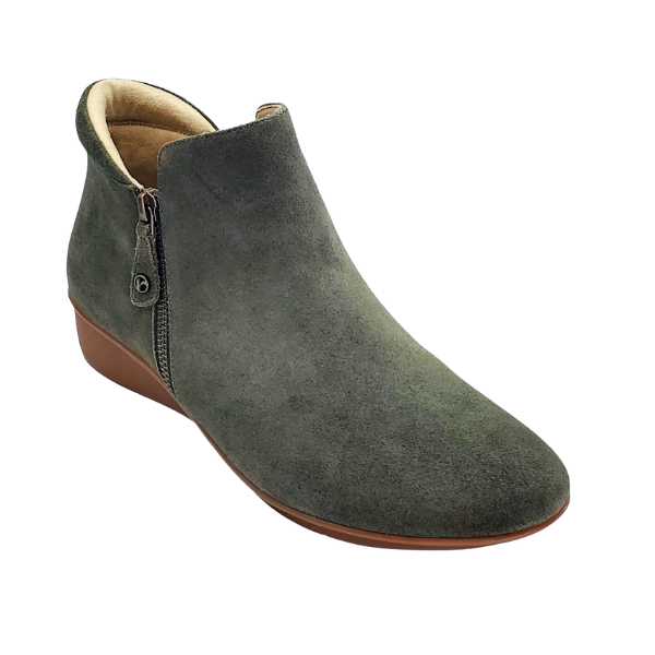 The Revere Womens Damascus Bootie Wide Moss by REVERE features dark green suede, a side zipper, comfort footbed, low wedge heel, and tan sole, shown at a slight angle against a white background.