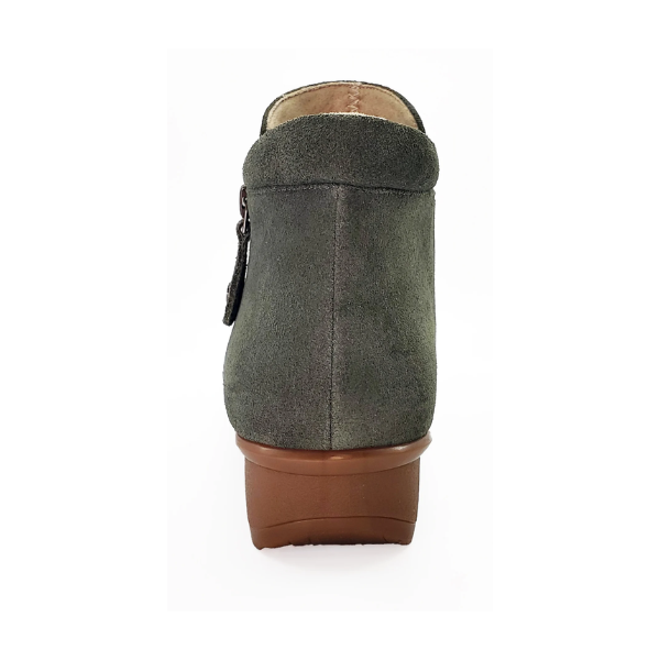 A back view of the REVERE Womens Damascus Bootie Wide in Moss, featuring olive green suede, a brown rubber sole, side zipper, and comfort footbed against a white background.