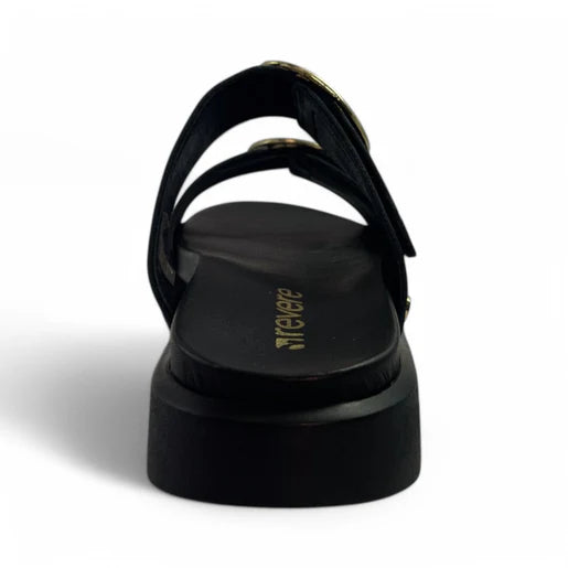 A back view of the Revere Womens Mermaid Black sandal by REVERE, featuring two straps, a slight heel, and the gold revere logo on the footbed.