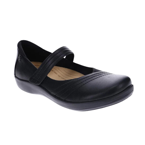The Revere Women’s Timaru Mary Jane Black by REVERE is a black flat with a single strap, rounded toe, light stitching, cushioned beige insole, and low heel—ideal for all-day comfort.